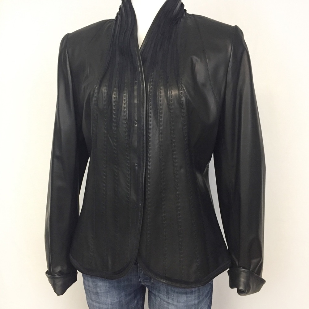 ELIE TAHARI Black Leather Blazer, Size Large - Picture 1 of 8